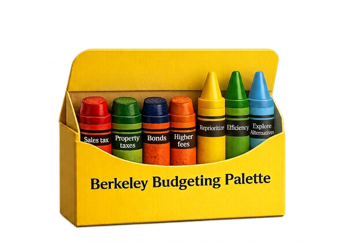 A yellow crayon box labeled Berkeley Budgeting Palette. Four crayons are pulled forward and worn down to stubs: sales tax, property taxes, bonds, and higher fees. Three sit behind them with their points still sharp and unused: reprioritize, efficiency, and explore alternatives.